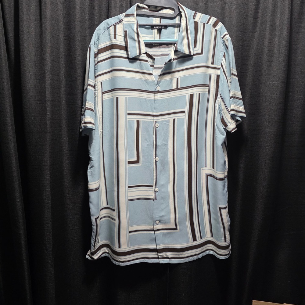 Express Mens XL Short Sleeve Geometric Maze Print Viscose Button Down Shirt Blue